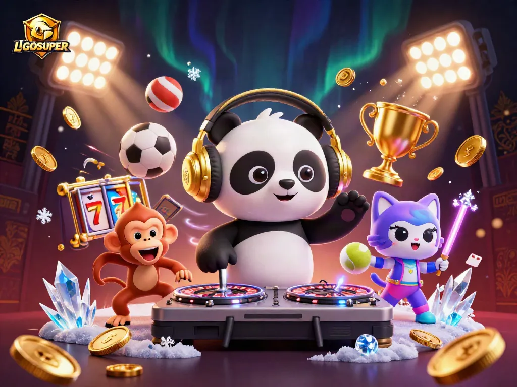 Engage with LGOSUPER in a vibrant 3D casino scene featuring a DJ panda and gaming action.