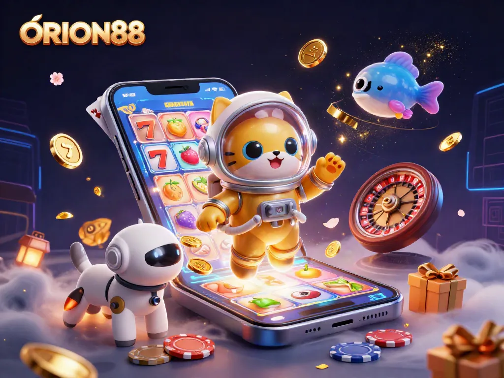 Experience the thrill of casino games with ORION88: a lively 3D illustration featuring slots and gold coins.