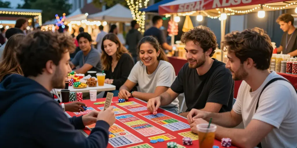 Ratutogel permainan lotere di pasar malam, kelompok teman menikmati suasana dan kebersamaan.