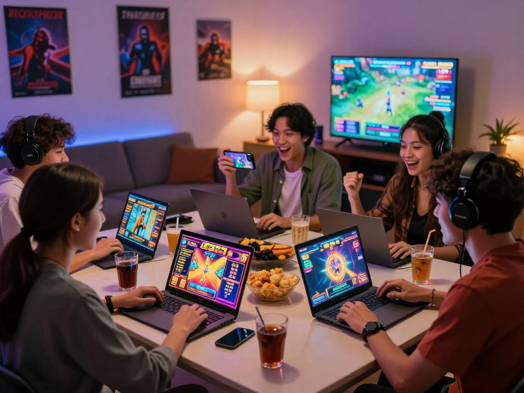 Kelompok teman bermain slot online di rumah, akses ke jandaslot88 dengan suasana ceria dan makanan ringan.