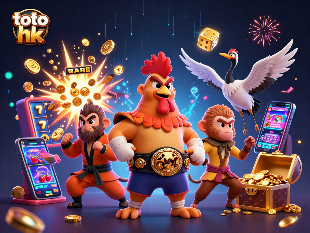 Putaran jackpot yang menarik di toto hk, menampilkan karakter kartun berwarna-warni dan efek kemewahan kasino.