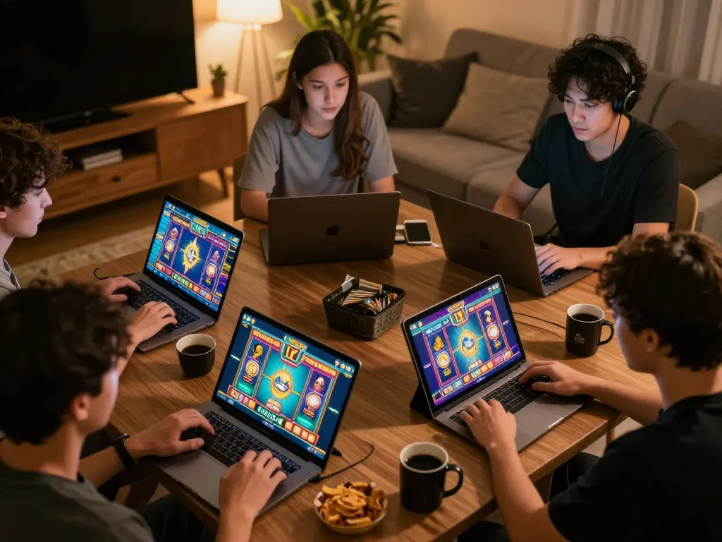 LIGALGO Slot players engaged in a vibrant online gaming session at home.