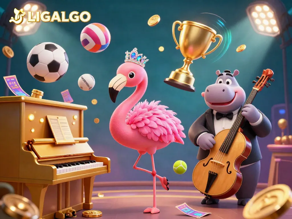 Experience LIGALGO's vibrant gaming atmosphere with a flamingo and hippo in a dynamic casino scene.