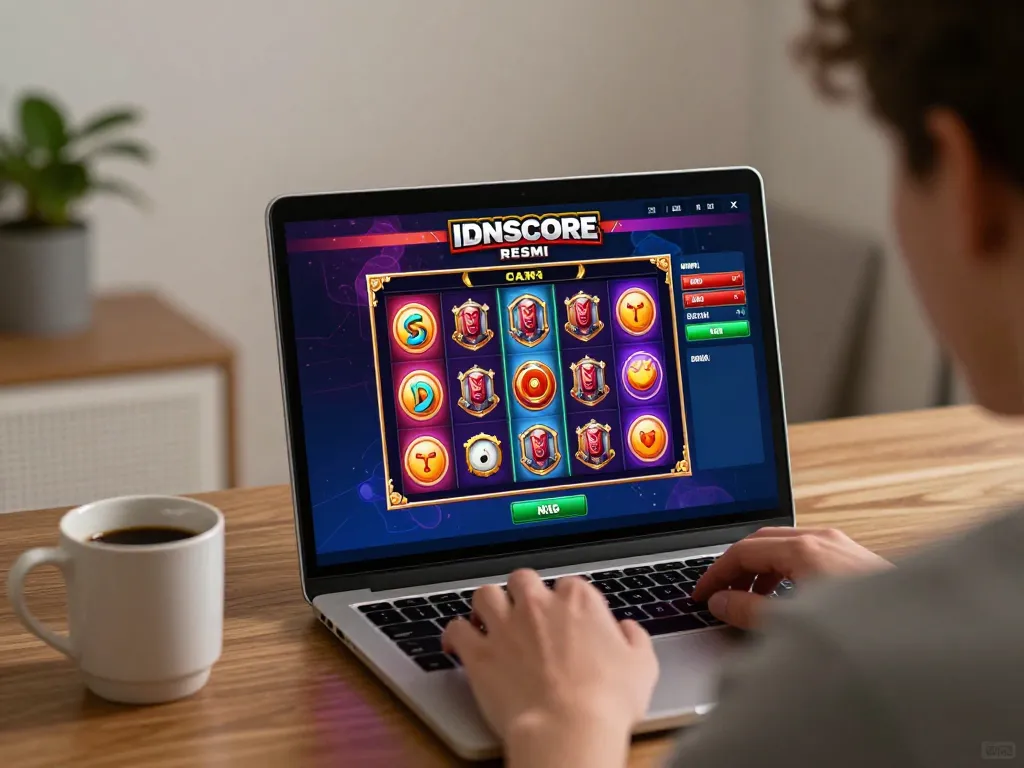 IDNSCORE RESMI player enjoying an interactive online slot game on a laptop in a cozy home setting.
