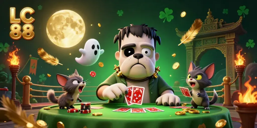 Engage with LC 88 at a spooky casino table featuring a Frankenstein bulldog, ghost mouse, and werewolf kitten.