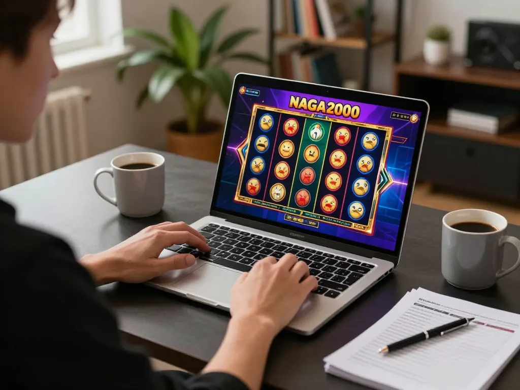 NAGA2000 player strategizing with laptop during online slot game and coffee break