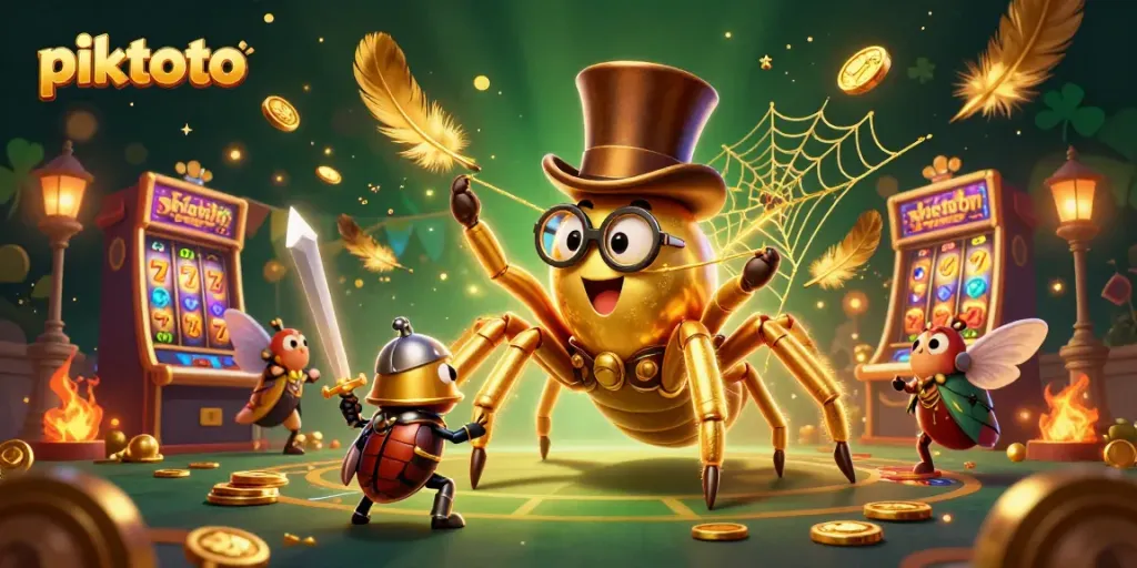 Engage with Piktoto's vibrant casino scene featuring a golden tarantula and a beetle knight.