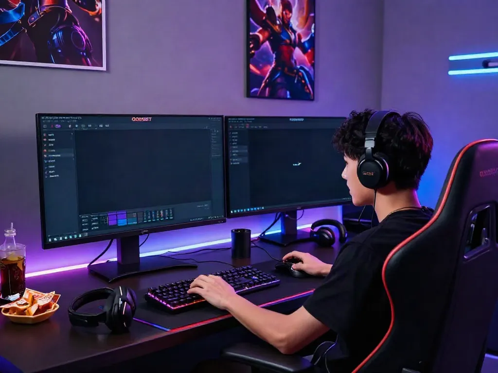 Gamer menikmati pengalaman bermain di platform qqgobet dengan aksesori gaming modern.