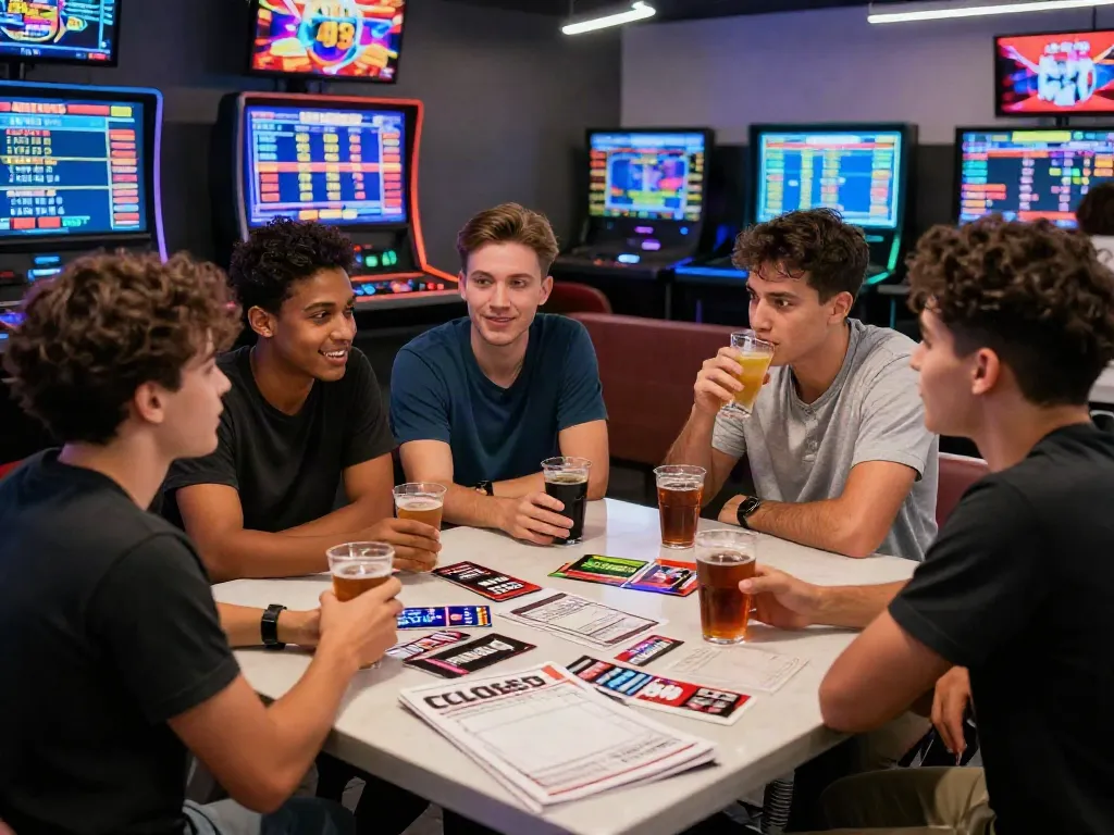 Friends engaging in sports betting discussions at a vibrant unsurtoto betting lounge.