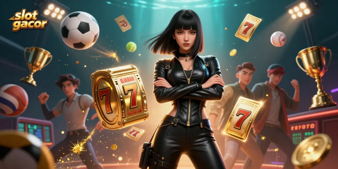 Experience thrilling slot gacor wins with an impressive Asian woman as a host in a vibrant casino scene.
