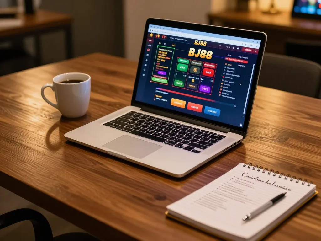 Engaging scene of online gaming at home with BJ88, showcasing strategic notes and laptop.