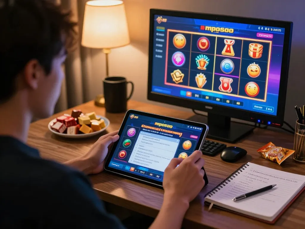 Engaging in mpo500 slot games on a tablet, showcasing an immersive online gaming experience.