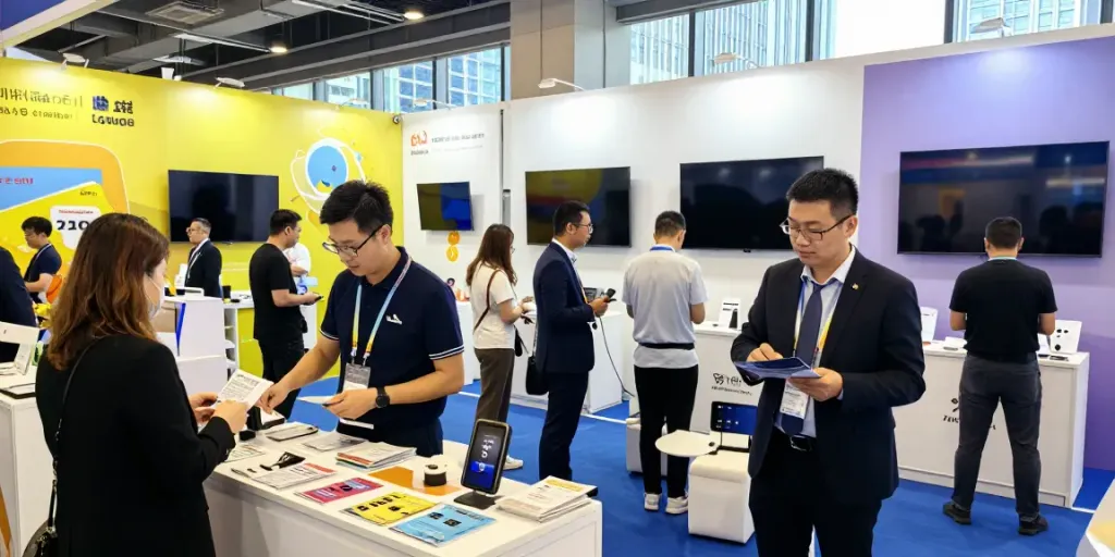 Eksibitor engaging attendees with innovative products at a bustling trade show.