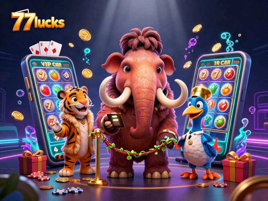 77lucks menghadirkan bouncer mammoth dan tamu VIP dalam ilustrasi kasino 3D yang semarak.