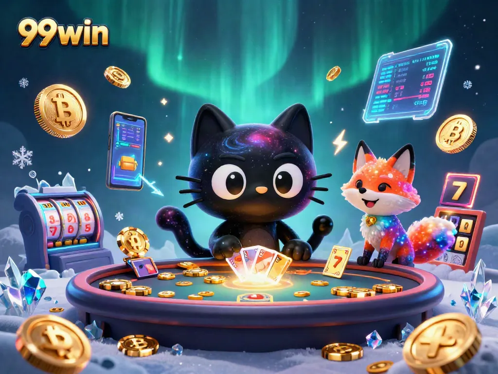Engage in thrilling gameplay at 99win with slots and cosmic fun in this vibrant illustration.