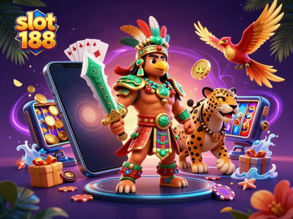 Permainan slot 188 yang menampilkan karakter Aztec dan elemen kasino dengan detail menawan.