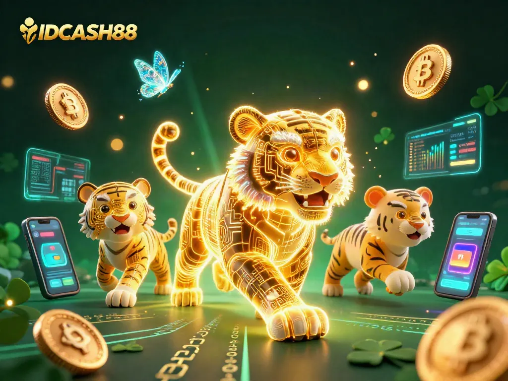 Engage with IDCASH88's vibrant casino experience featuring a golden tiger and crypto elements.