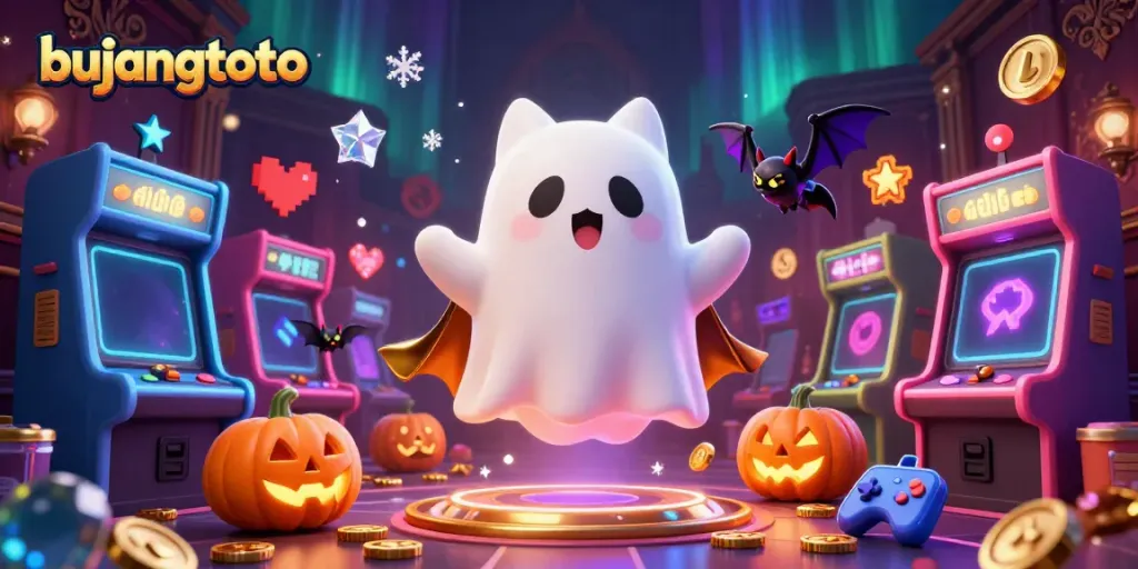 Bujangtoto ghost cat enjoying a spooky casino adventure with vibrant gaming elements.