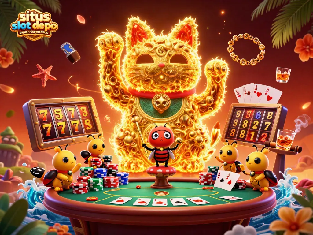 Experience the excitement of situs slot depo aman terpercaya with vibrant slot reels and a lucky cat illustration.