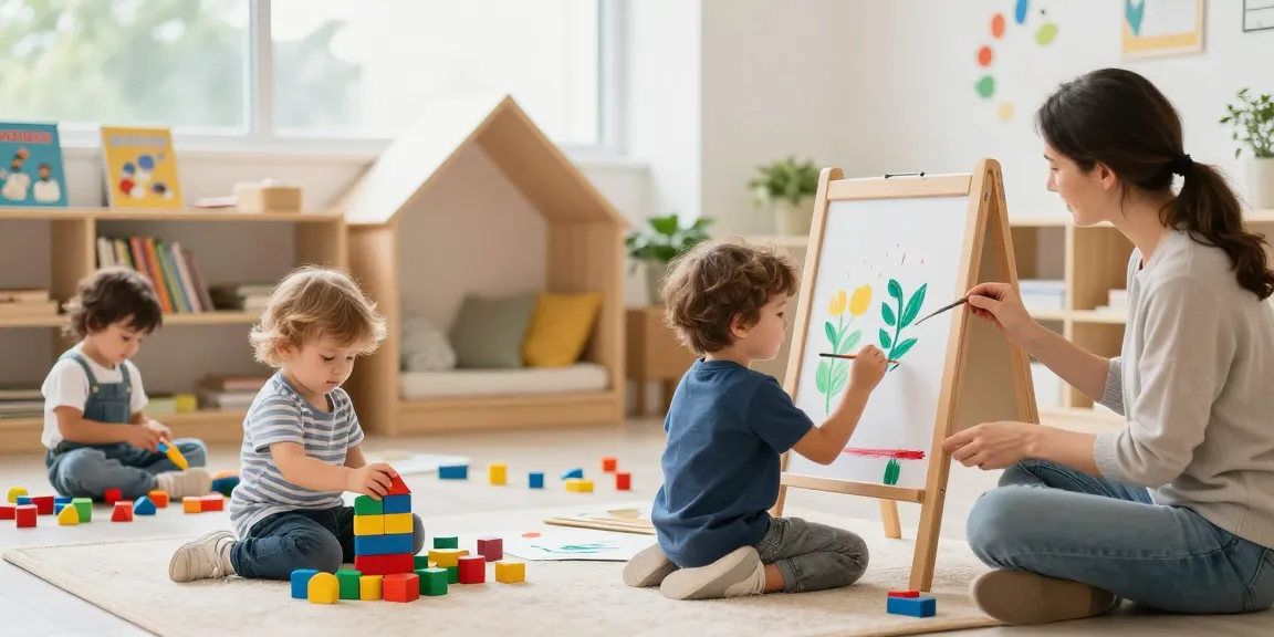 Engaged children in a child development center playing with link slot toys and art.