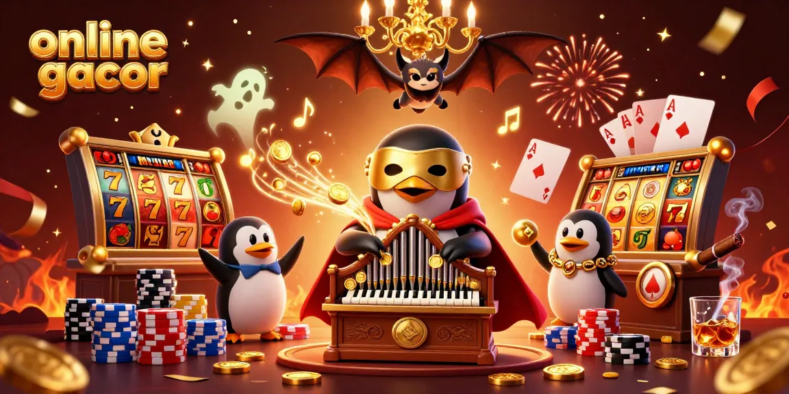 Experience the thrill of online gacor with vibrant slots and golden coins raining down in a dynamic casino scene.