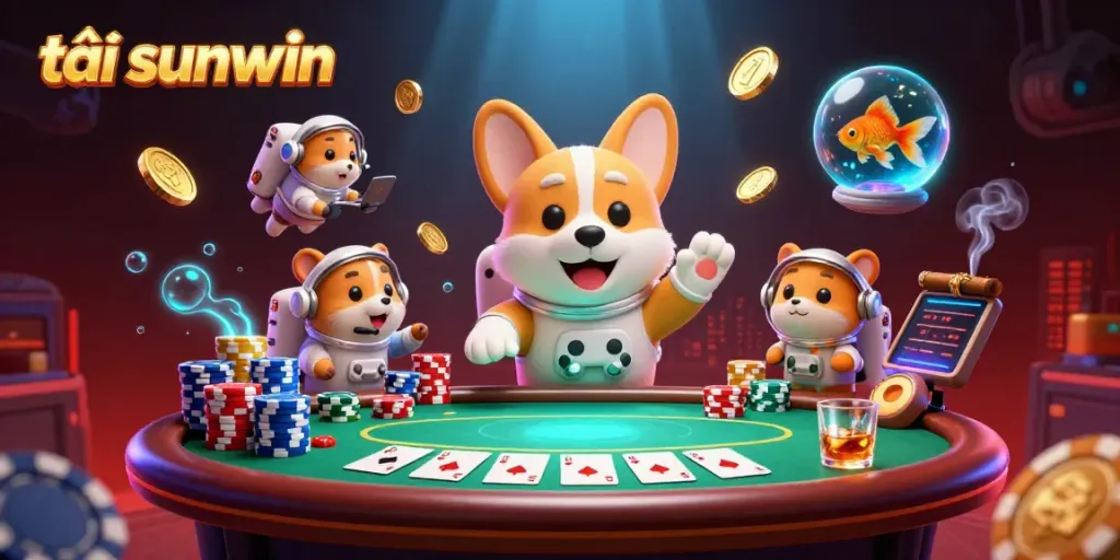 Enjoy the thrilling experience as you tải sunwin, exploring a vibrant space-themed casino with a floating corgi and colorful poker elements.