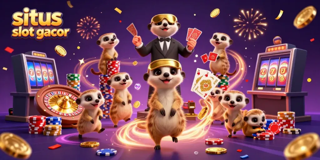 Menggambarkan situs slot gacor dengan kolonisasi meerkat menjalankan operasi kasino yang bersemangat dan penuh dengan koin emas.