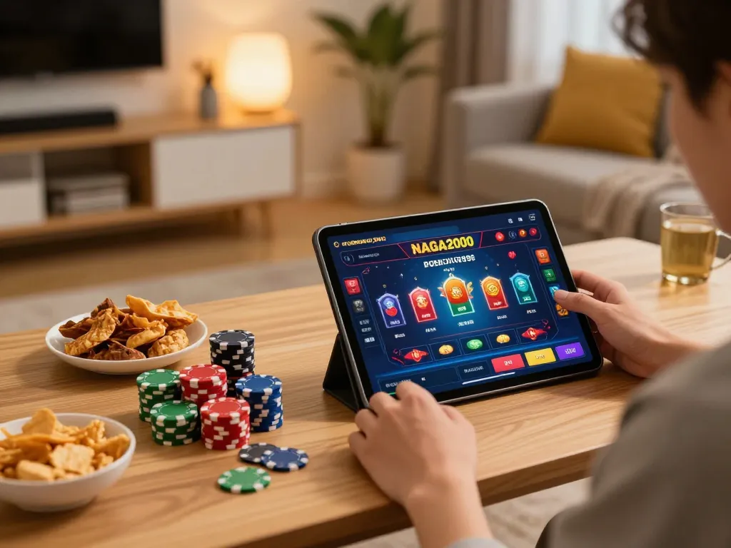NAGA2000 player engaging with online slots in a cozy home setup, featuring colorful chips and snacks.