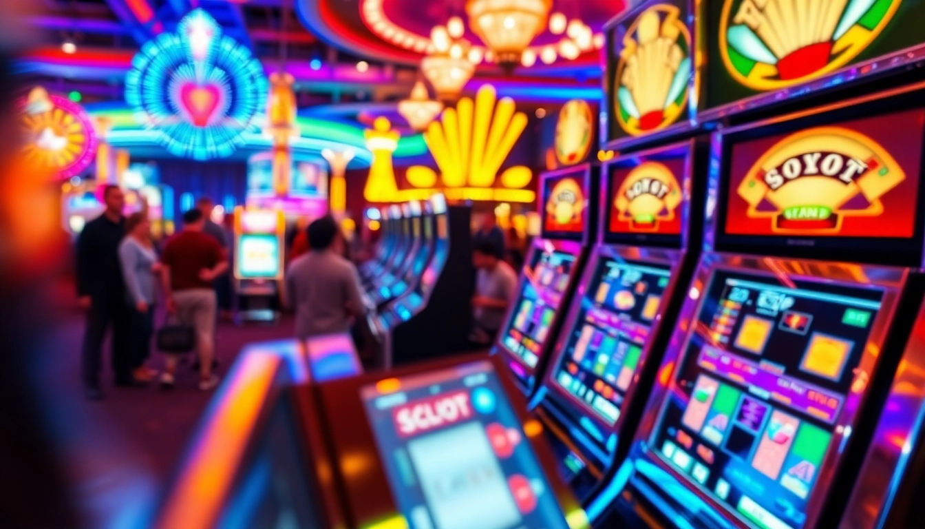 Putaran slot menggiurkan di mesin kasino dengan cahaya berkilauan dan kegembiraan pemain.