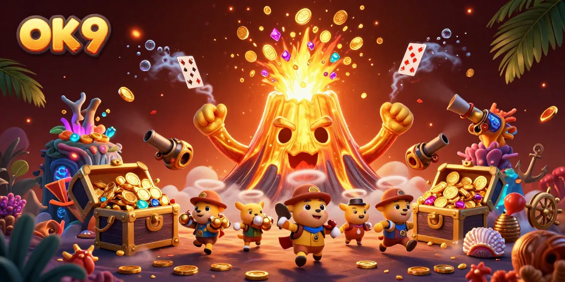 Experience excitement with OK 9 in this dynamic treasure-filled digital illustration of online gambling.