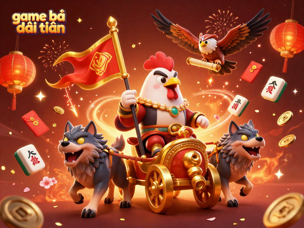 Experience the thrill of game bài đổi thưởng with a majestic rooster warlord and dynamic casino elements!