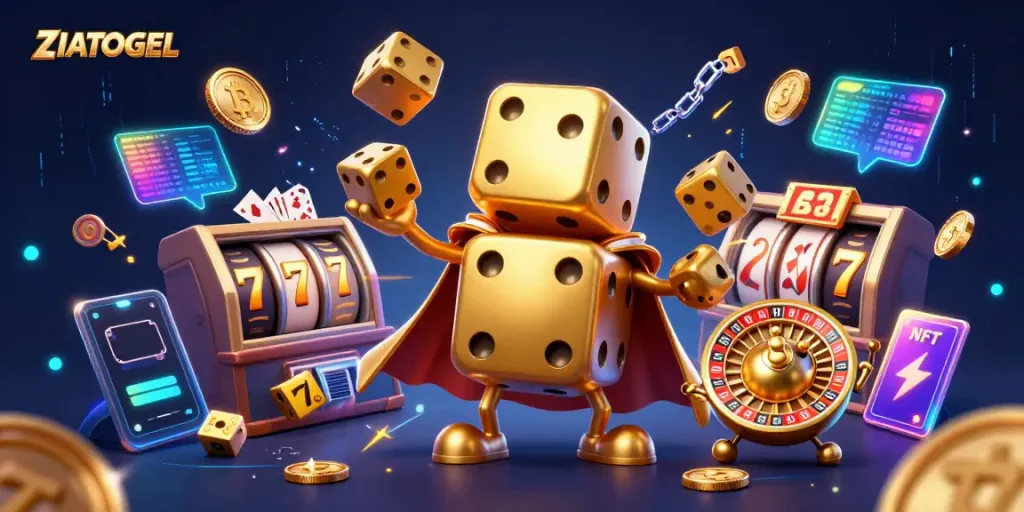 Experience exhilarating gaming action with ZIATOGEL featuring dynamic golden dice and exciting slot elements.