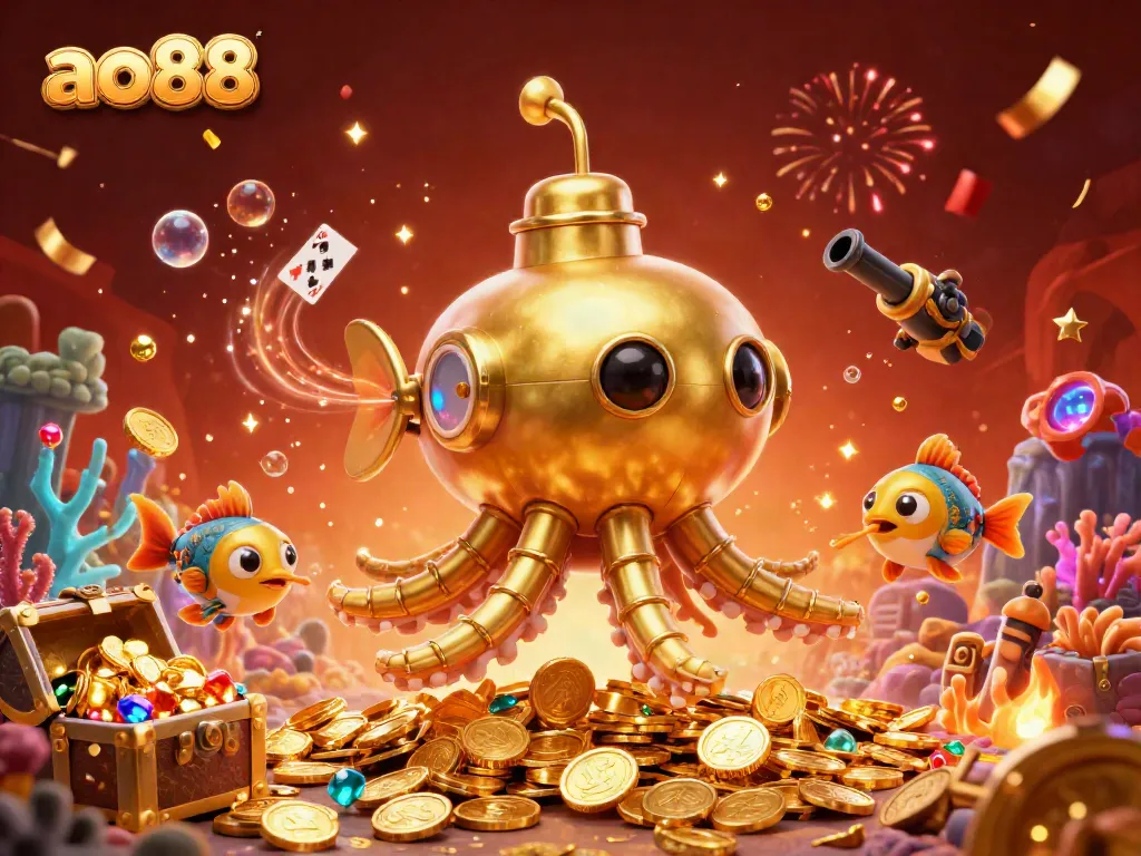 Experience the thrill of ao88 with a vibrant 3D illustration featuring dynamic casino elements and a golden kraken.