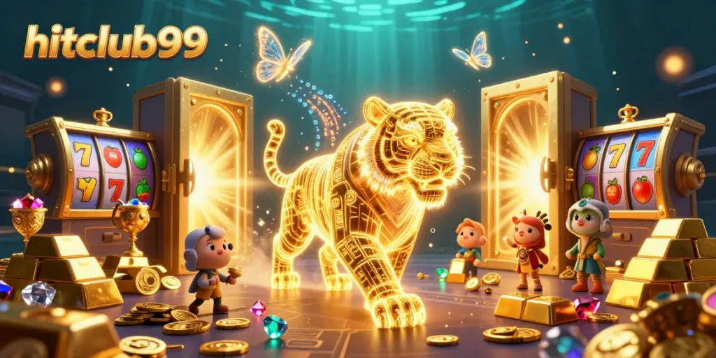 Experience the thrill at hitclub99 with vibrant casino elements and golden treasures exploding around the scene.