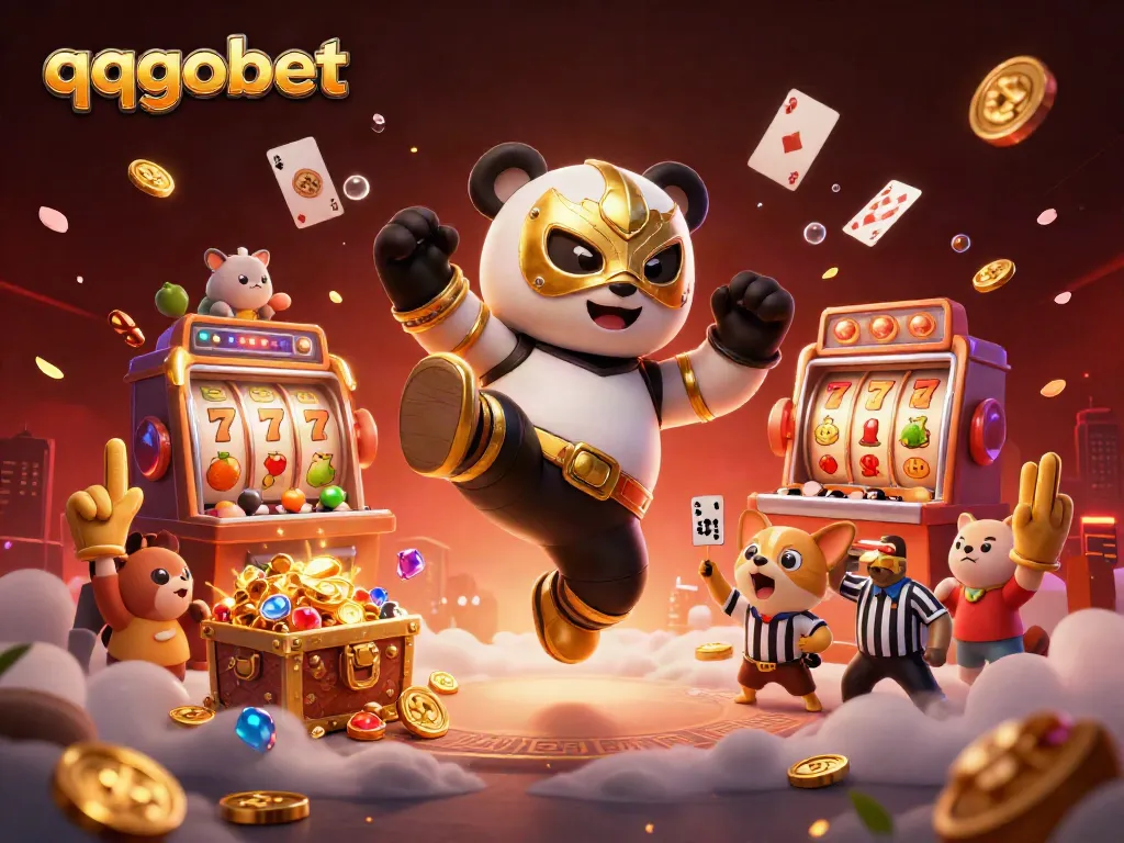 qqgobet menghadirkan ilustrasi kasino penuh warna, slot dengan simbol buah dan kerumunan hewan menyemangati