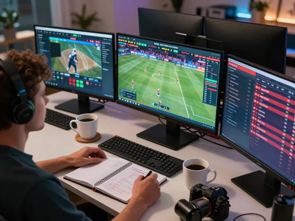 Person engaged in sports betting on cakhia tv with multiple screens displaying live events.