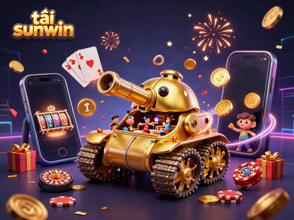 Experience excitement as you tải sunwin in a vibrant casino themed 3D illustration depicting games and rewards.