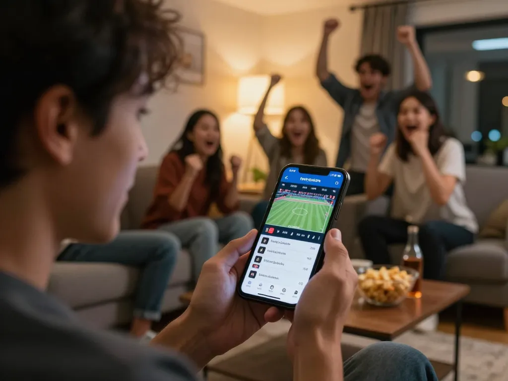 Checking Kết quả bóng đá on a mobile app during excited sports betting party with friends