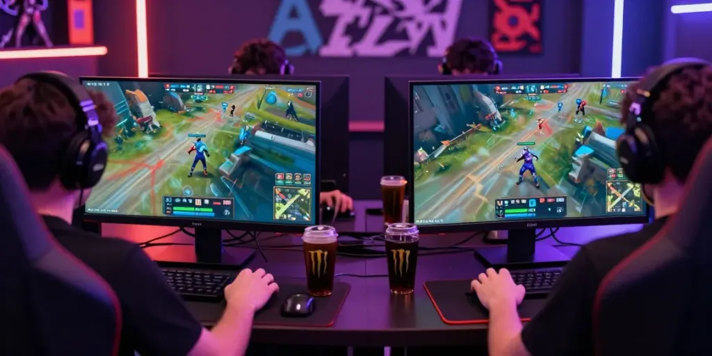 Kingliga dalam suasana kompetisi esports dengan dua pemain, fokus pada layar besar, suasana berenergi tinggi.