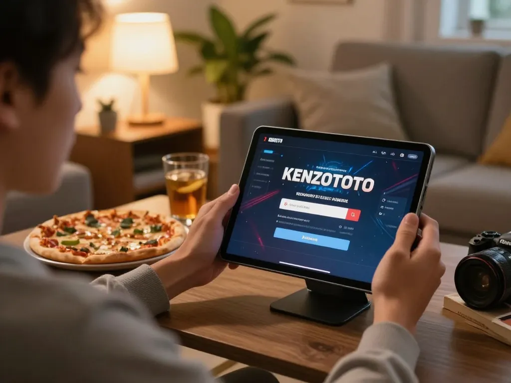 Bergabung dalam permainan online dengan login KENZOTOTO yang ditampilkan di tablet dalam ruang tamu yang nyaman.
