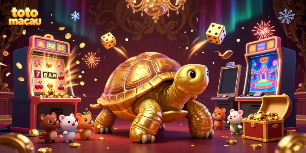 Exciting jackpot scene from toto macau with animated casino elements and golden tortoise.