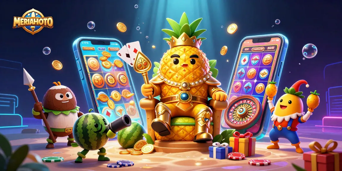 MERIAHTOTO menghadirkan raja nanas emas 3D dengan penjaga kelapa dan badut mangga di kasino pantai.