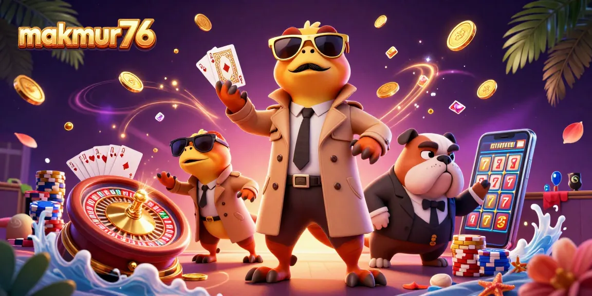 Experience the excitement at makmur76 with colorful casino elements and playful raptors.
