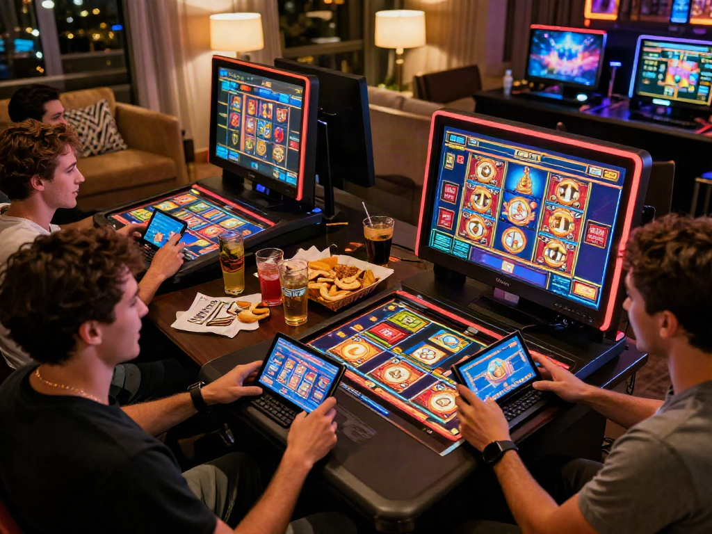 Agen slot online dengan pemain excited di lingkungan rumah yang nyaman.