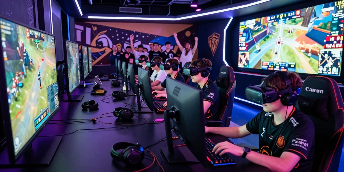LIGA GALAXY dalam arena esports modern dengan pemain kompetitif dan penggemar bersemangat.