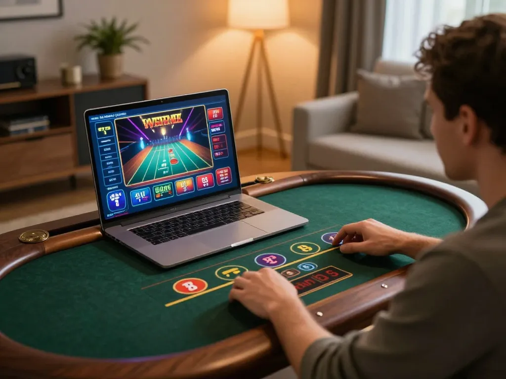 Engaging in online gaming on slot gacor platform with vibrant interface on laptop.