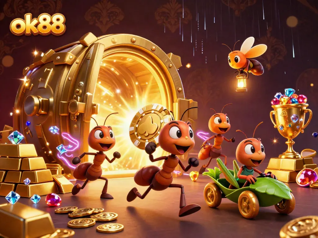 Experience thrilling gameplay at ok88 with an epic heist scene featuring playful characters and luxurious treasures.