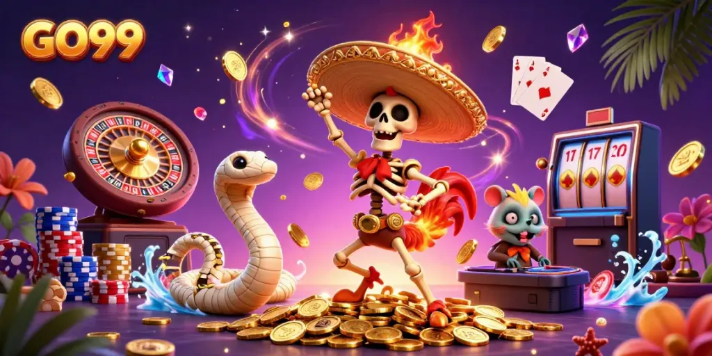Experience the excitement of GO99 with cartoon characters celebrating a winning moment in a vibrant casino.