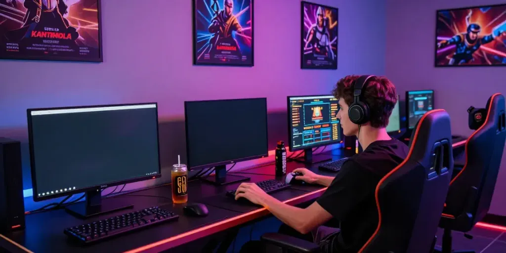 Situs KANTORBOLA terlihat di layar komputer dalam ruang gaming yang penuh warna dan dinamis.