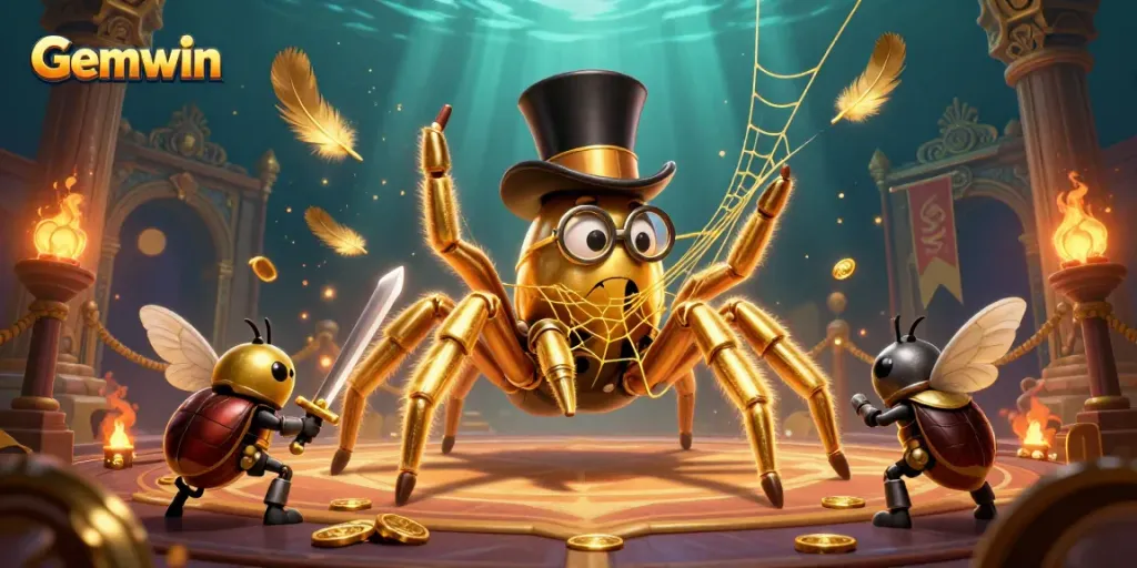 Gemwin's vibrant 3D illustration showcases a daring beetle knight and a golden tarantula in a dynamic casino setting.